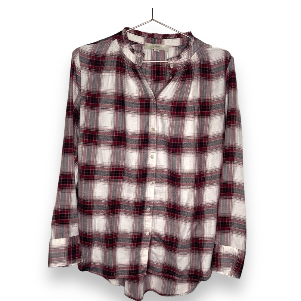 Loft Red White Plaid Long Sleeve Buttondown Blouse Ruffle Autumn - Picture 2 of 7